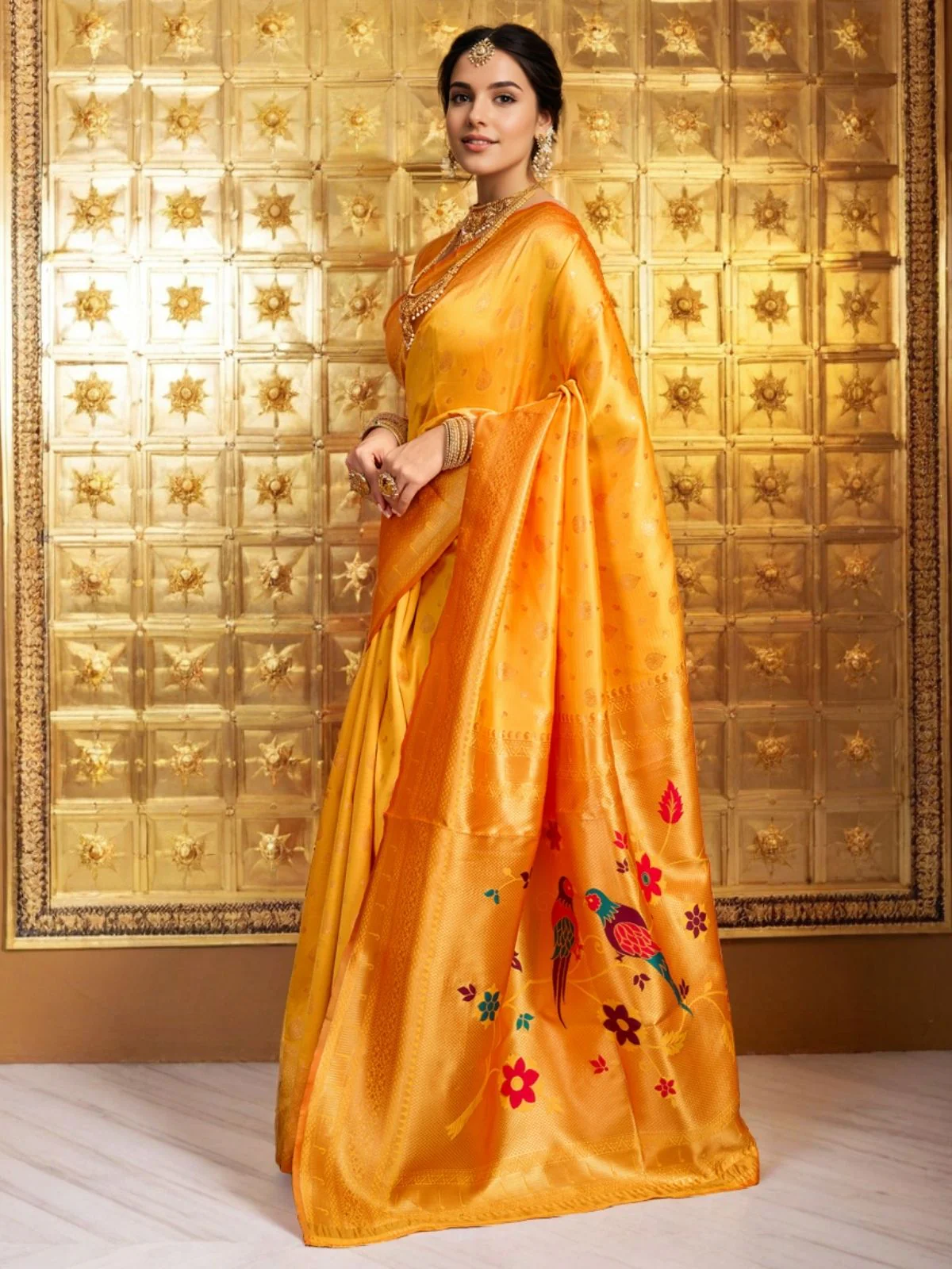 Odette Orange Silk Blend Woven Pithani Saree For Women - Image 2