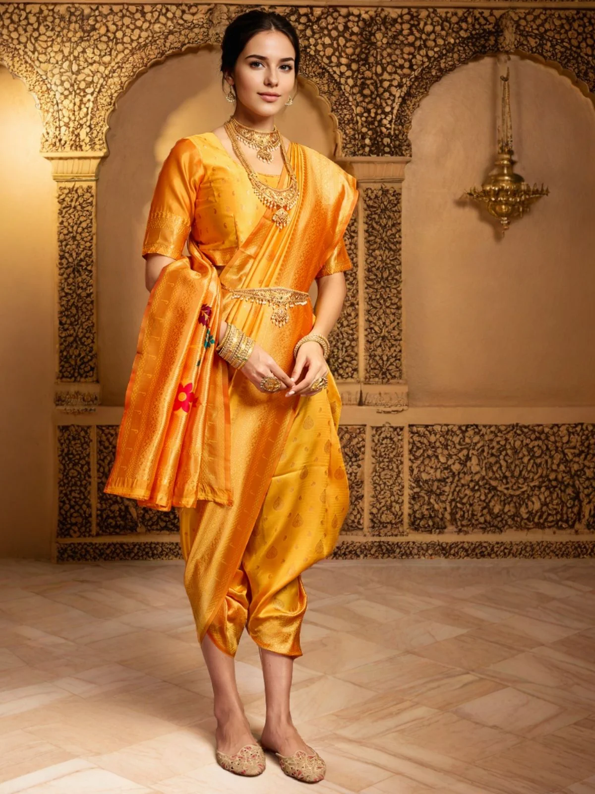 Odette Orange Silk Blend Woven Pithani Saree For Women - Image 3