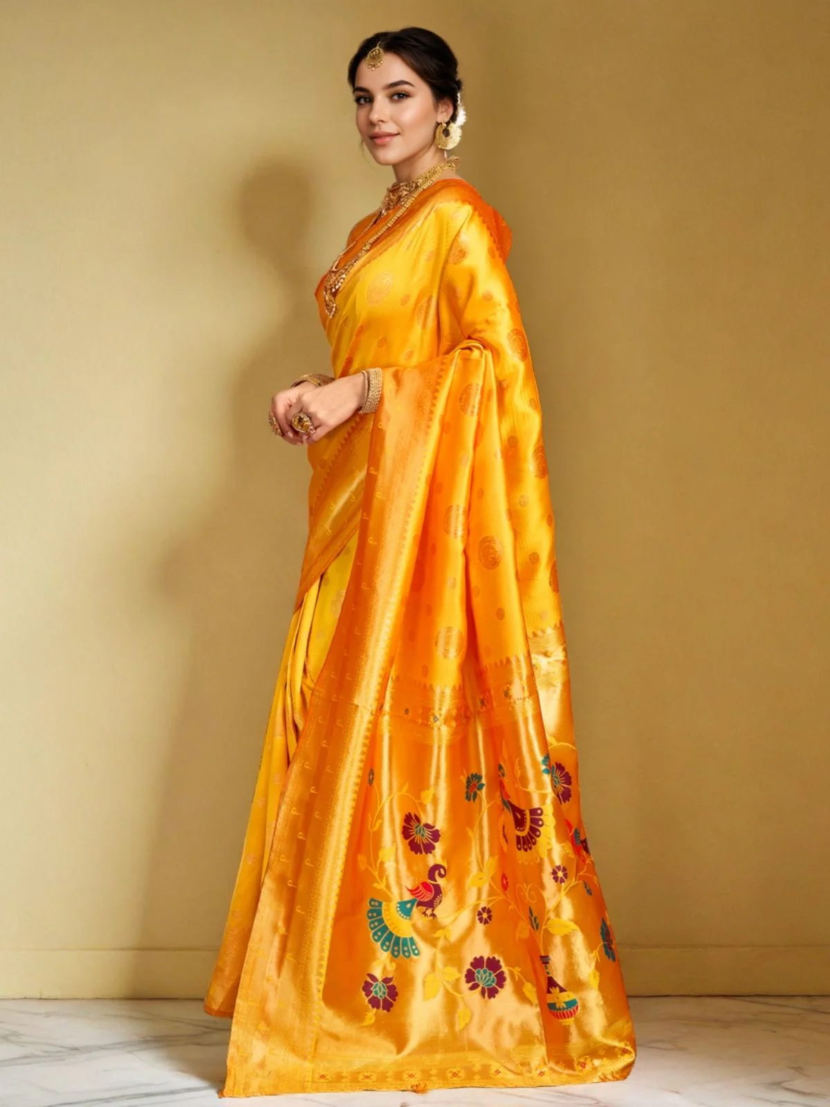 Odette Orange Silk Blend Woven Pithani Saree For Women - Image 2