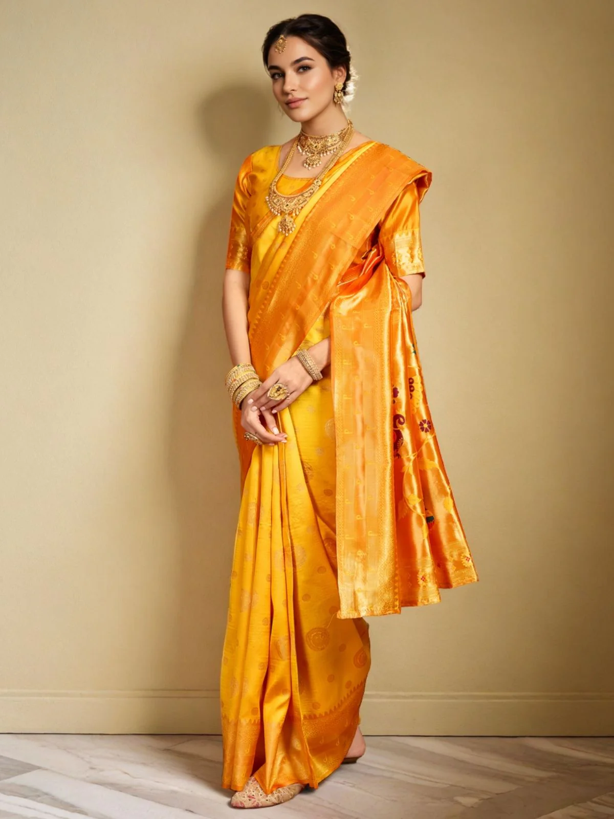 Odette Orange Silk Blend Woven Pithani Saree For Women - Image 3