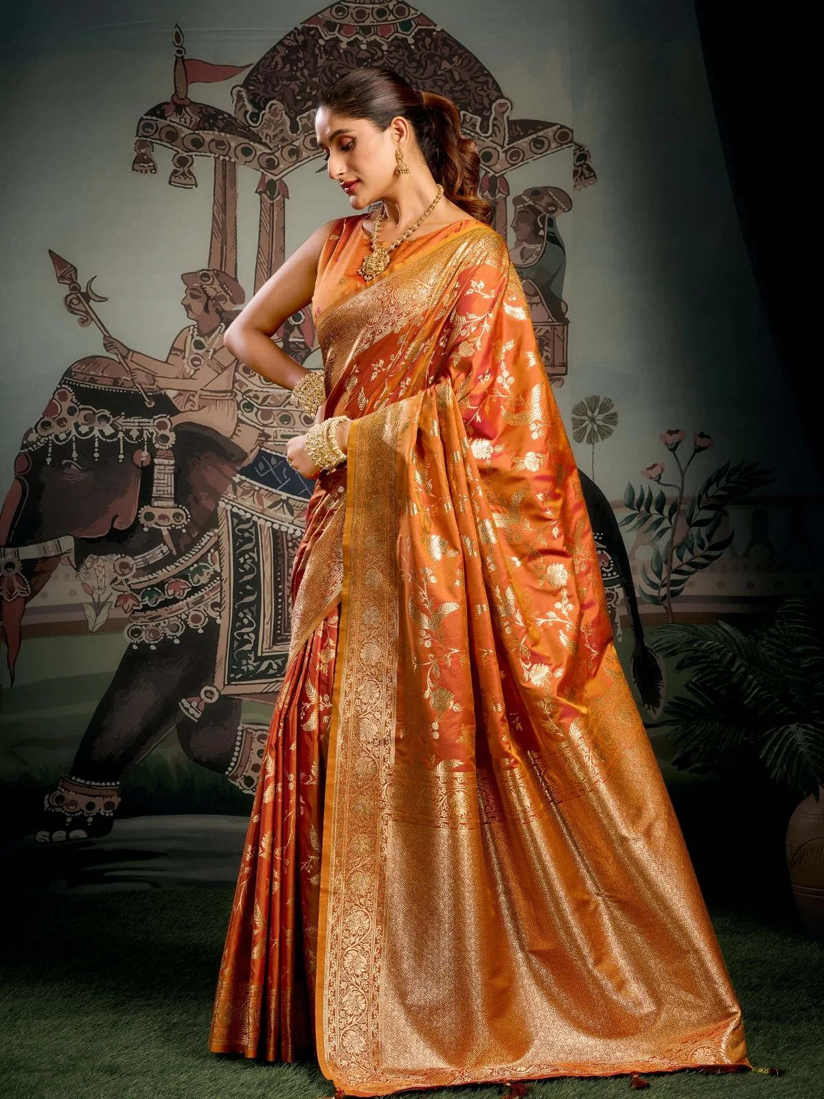 Odette Orange Silk Blend Woven Saree For Women - Image 2