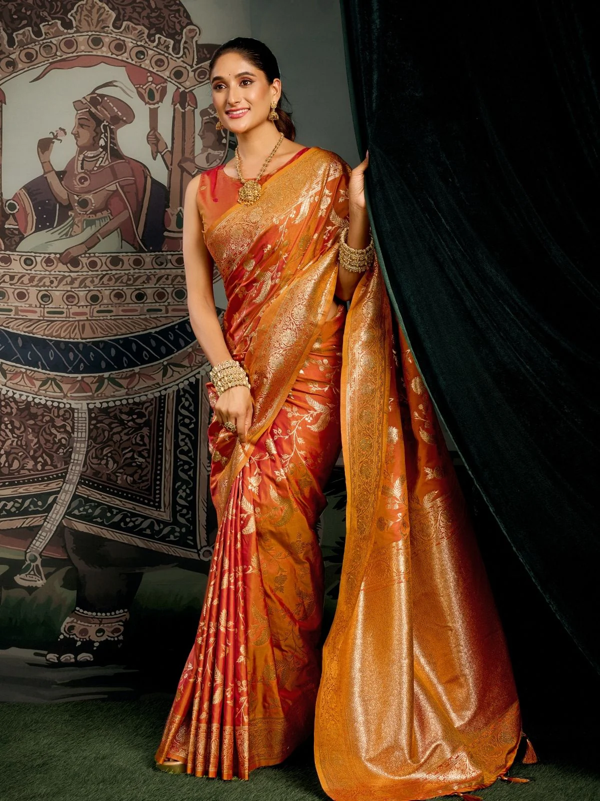 Odette Orange Silk Blend Woven Saree For Women - Image 3