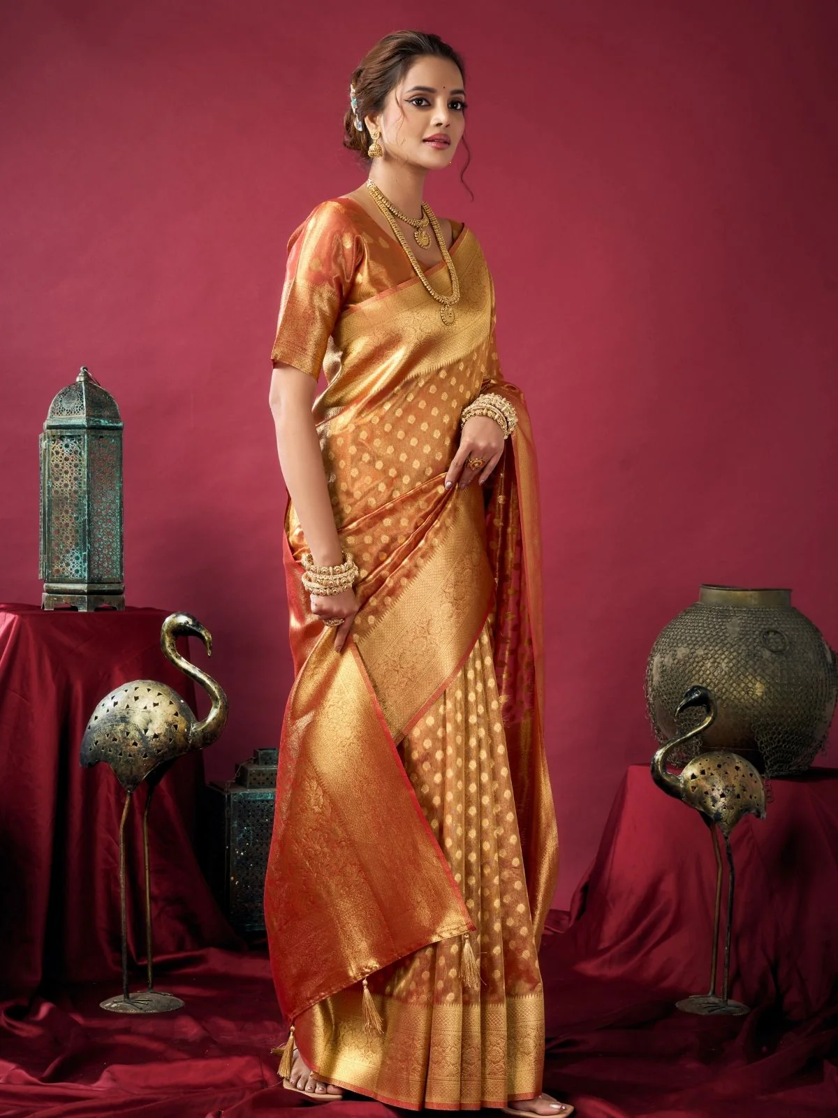 Odette Orange Silk Blend Woven Saree For Women - Image 2