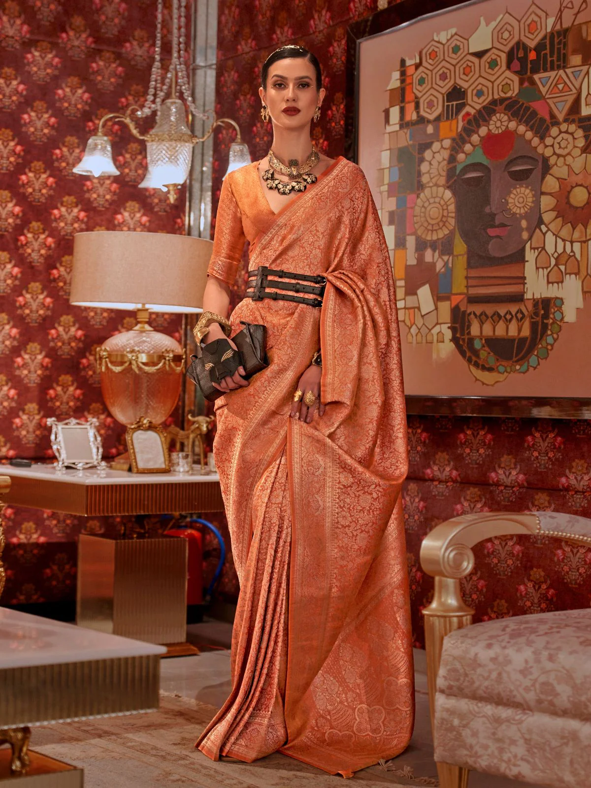 Odette Orange Silk Blend Woven Saree With Unstitched Blouse For Women
