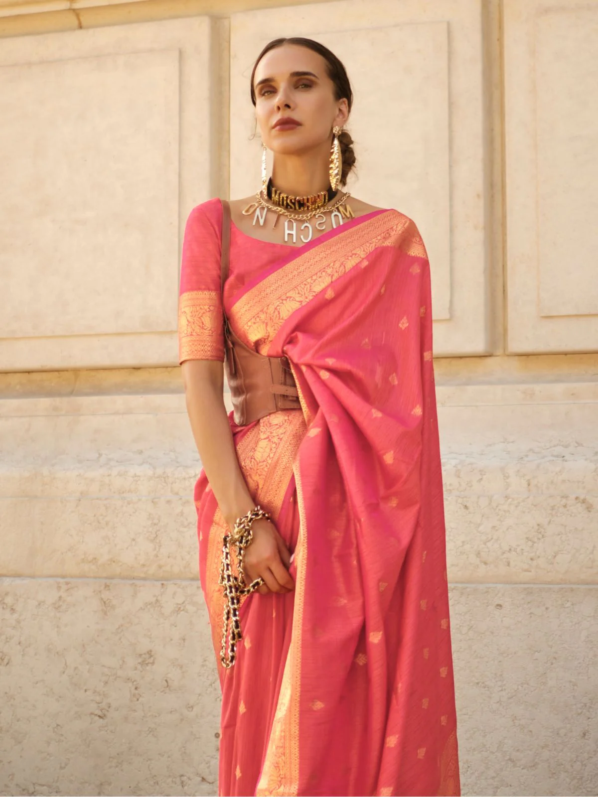Odette Orange Silk Blend Woven Saree With Unstitched Blouse For Women - Image 2