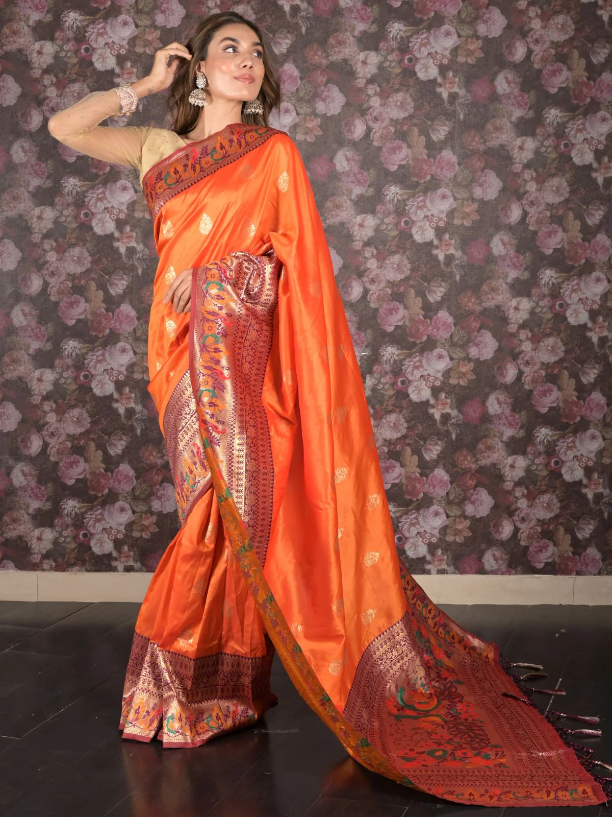 Odette Orange Silk Blend Woven Saree with Unstitched Blouse for Women - Image 2