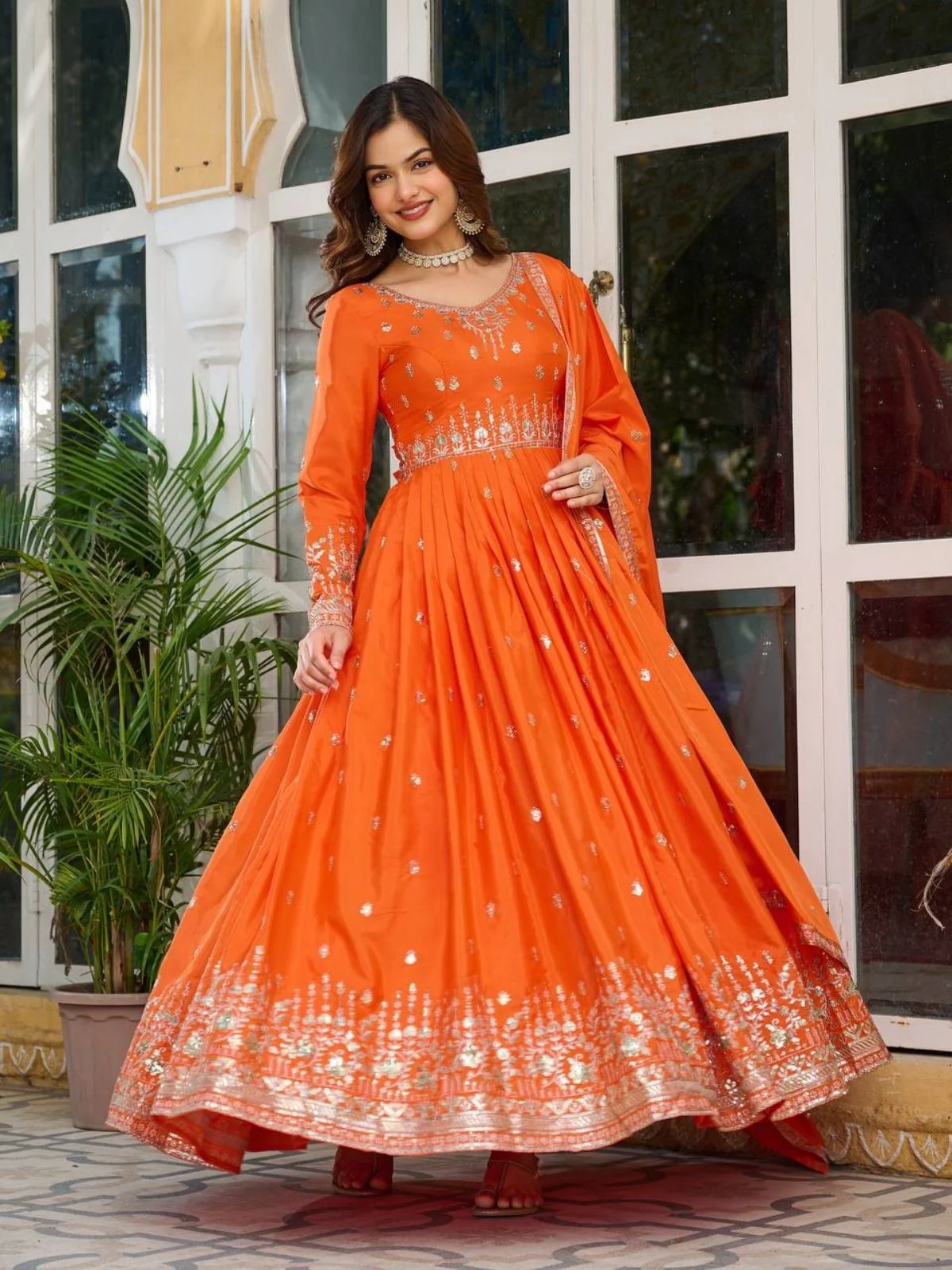Odette Orange Silk Solid Stitched Kurta Set For Women - Image 2