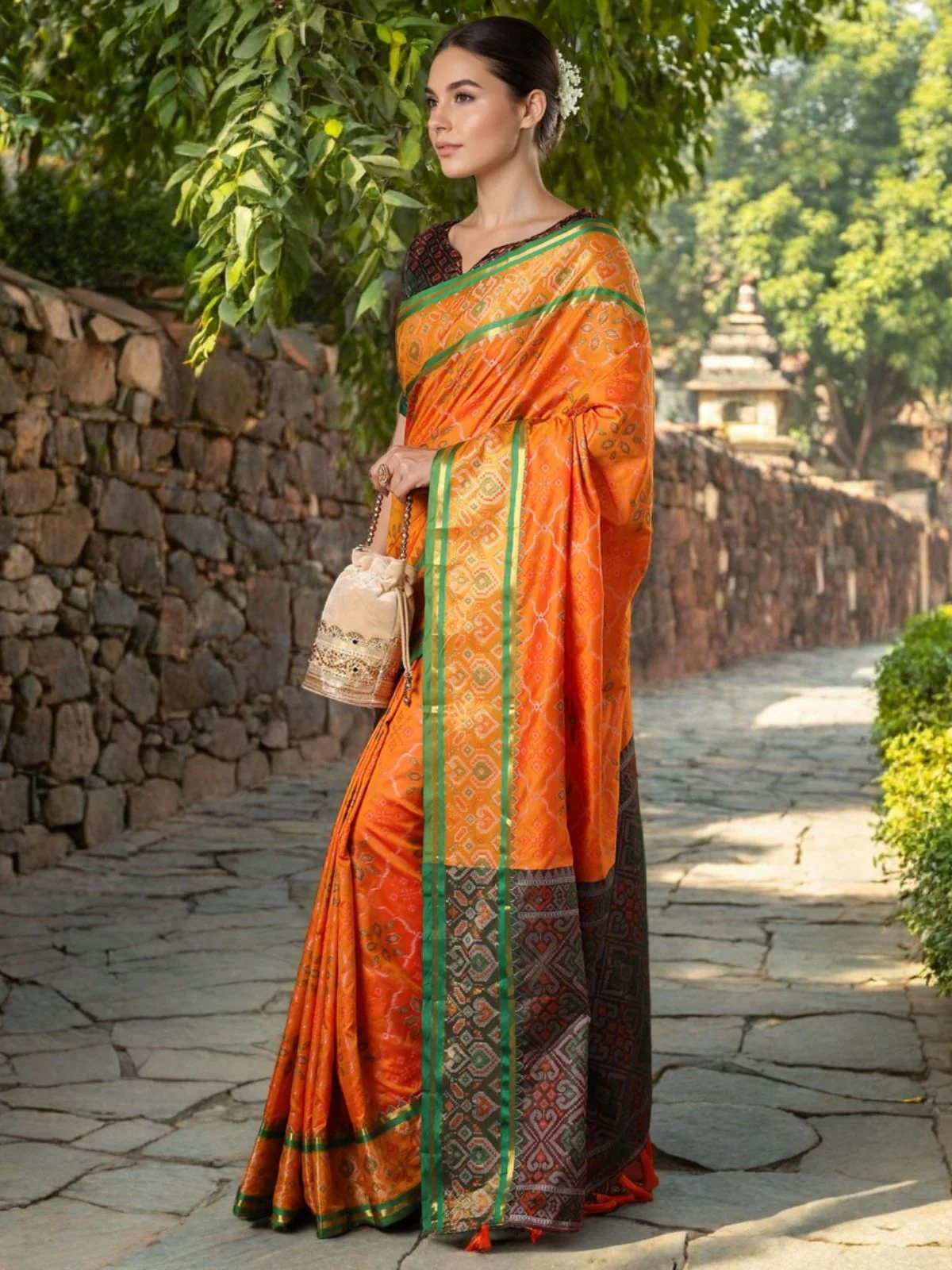Odette Orange Silk Woven Saree For Women - Image 2