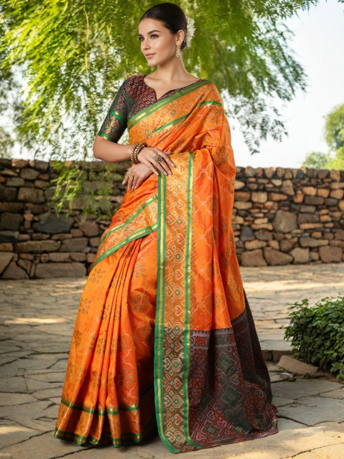 Odette Orange Silk Woven Saree For Women - Image 3