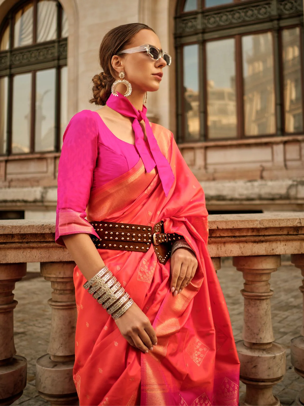 Odette Orange Soft Silk Woven Saree With Unstitched Blouse For Women - Image 2