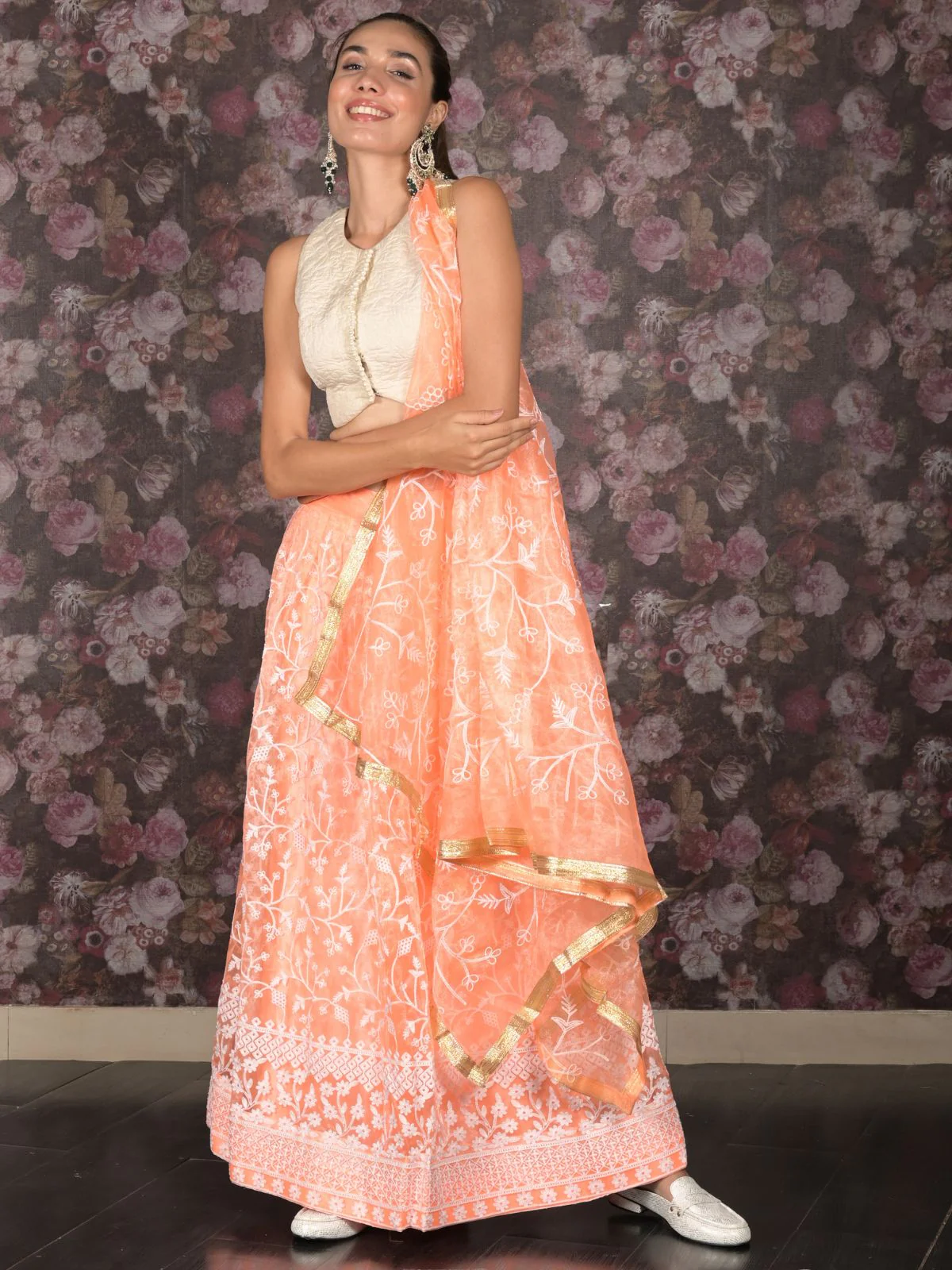 Odette Orange Thread Embroidered Semi-Stitched Net Lehenga with Unstitched Blouse for Women - Image 3