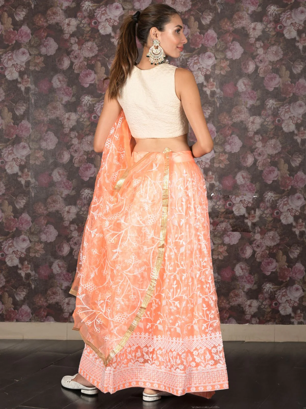 Odette Orange Thread Embroidered Semi-Stitched Net Lehenga with Unstitched Blouse for Women - Image 4
