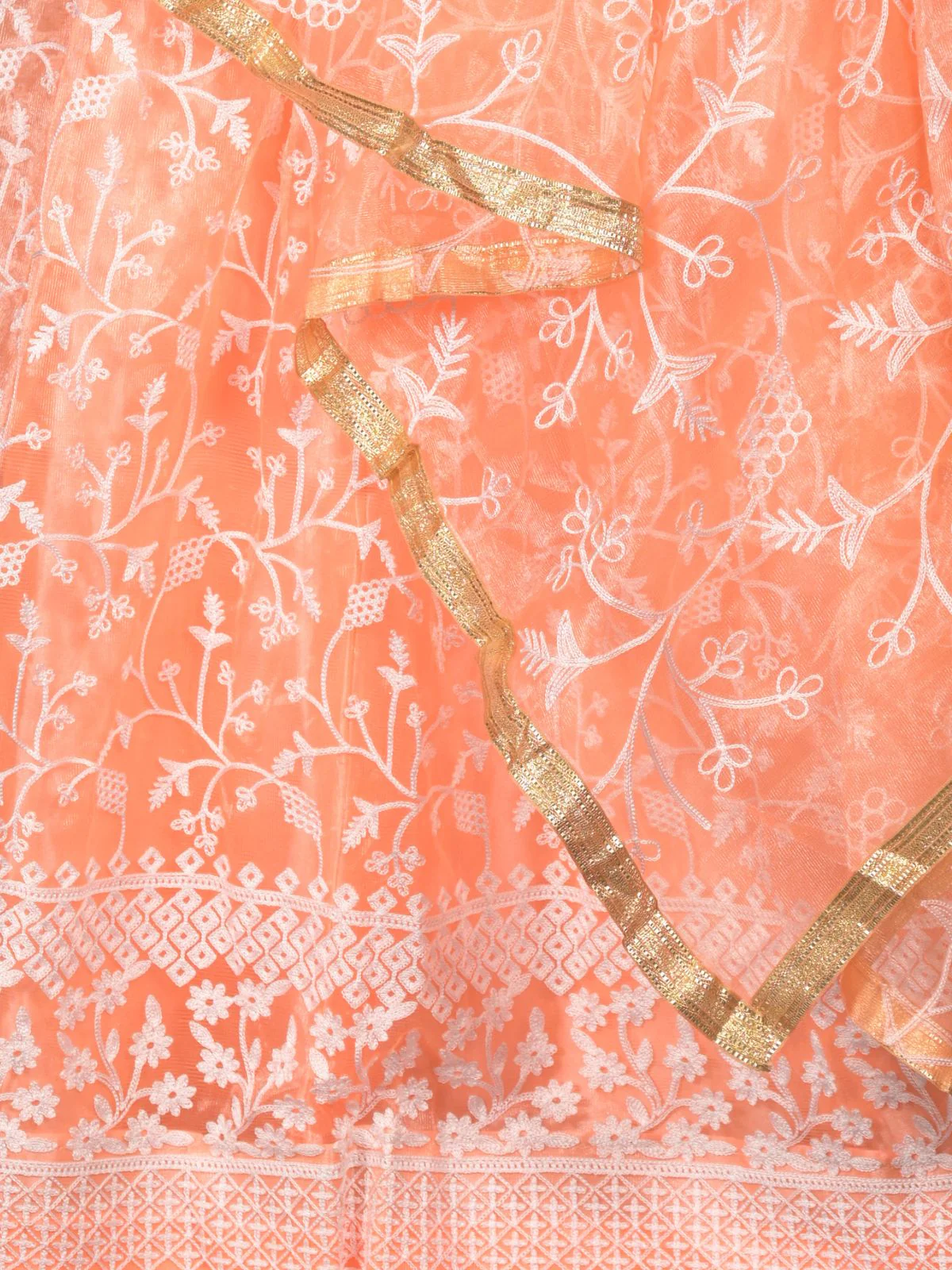 Odette Orange Thread Embroidered Semi-Stitched Net Lehenga with Unstitched Blouse for Women - Image 5