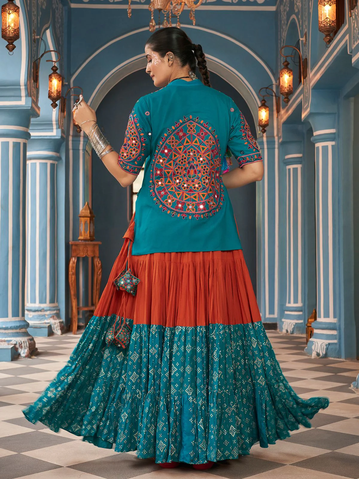 Odette Orange And Blue Viscose Rayon Stitched Lehenga Set For Women - Image 5