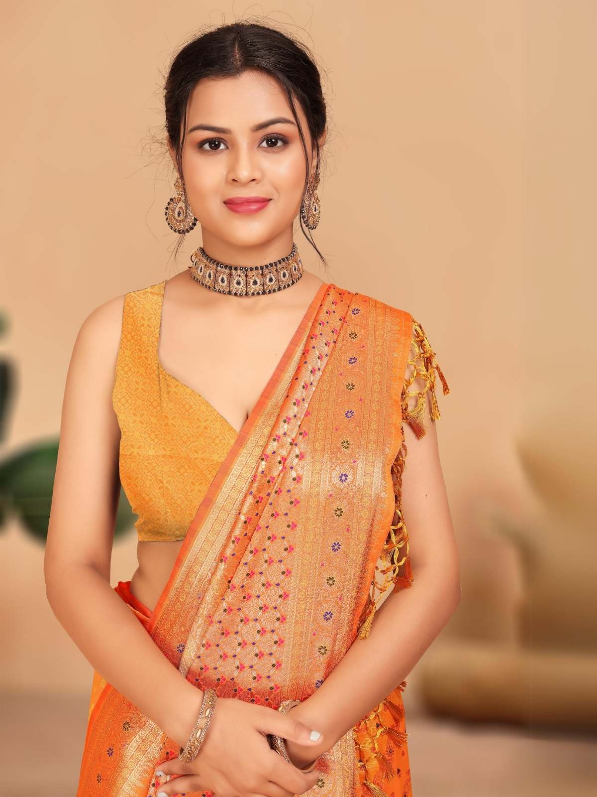 Odette Orange Woven Banarasi Silk Saree With Unstitched Blouse for Women - Image 5