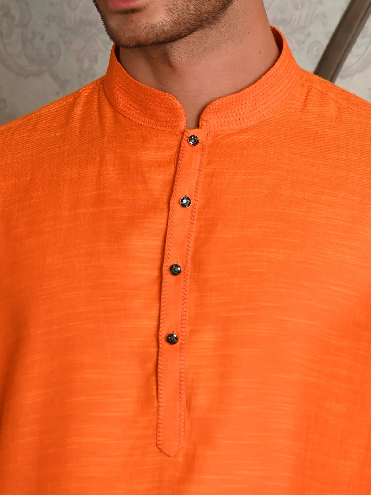 Odette Orange Solid Cotton Polyester Kurta Set For Men - Image 5