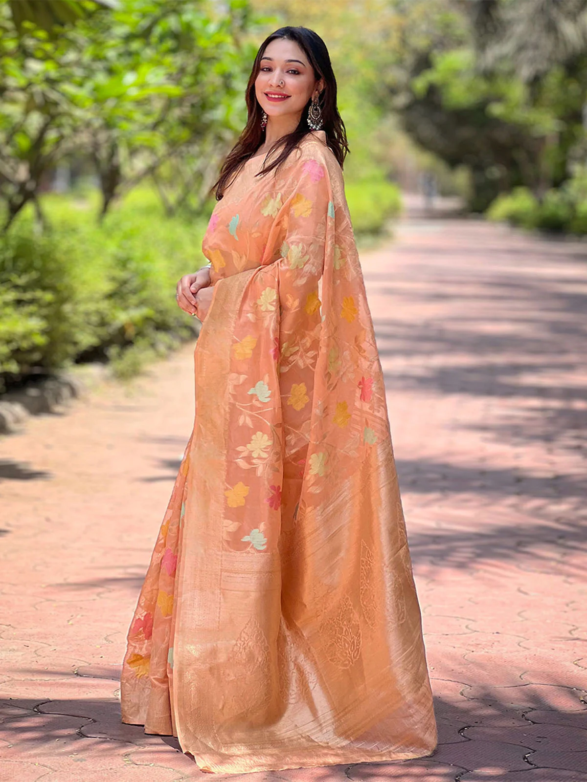 Odette Orange Woven Design Organza Saree With Unstitched Blouse For Women - Image 2