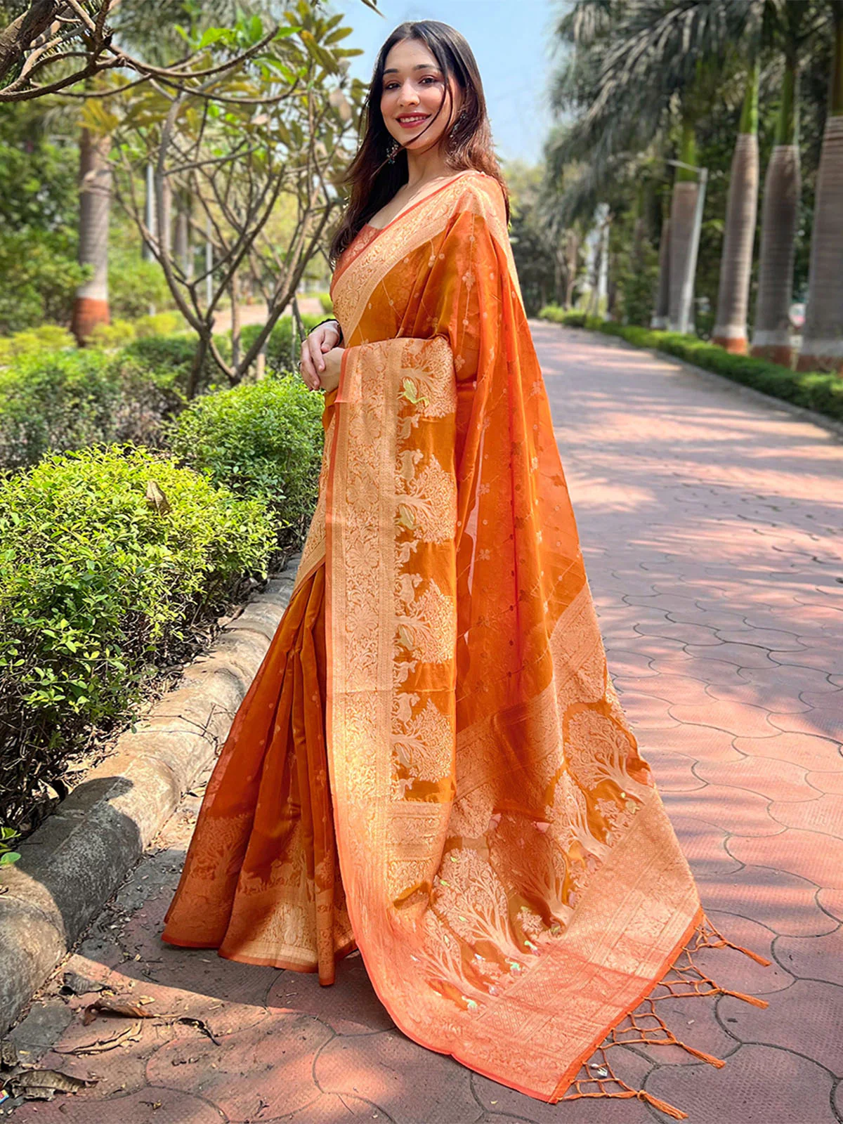 Odette Orange Woven Design Organza Saree With Unstitched Blouse For Women - Image 2