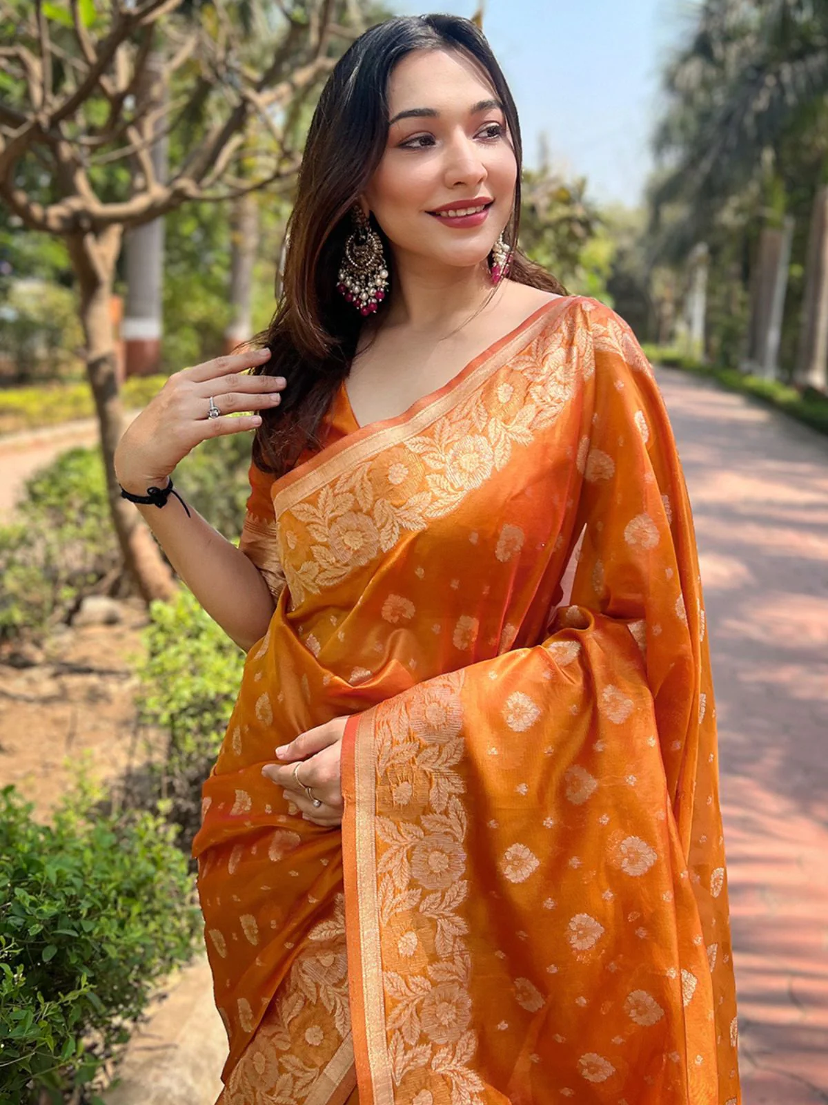Odette Orange Woven Design Organza Saree With Unstitched Blouse For Women - Image 3