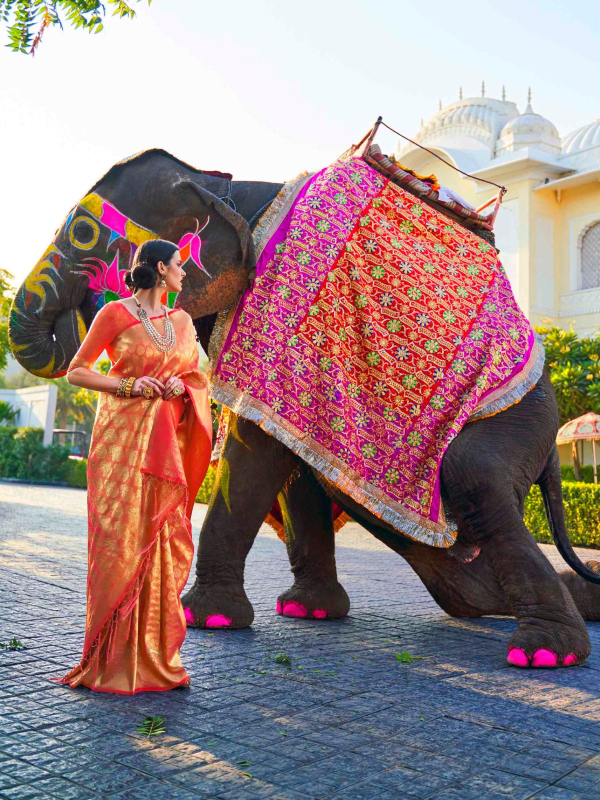 Odette Orange Woven Design Silk Blend Saree With Unstitched Blouse For Women - Image 2