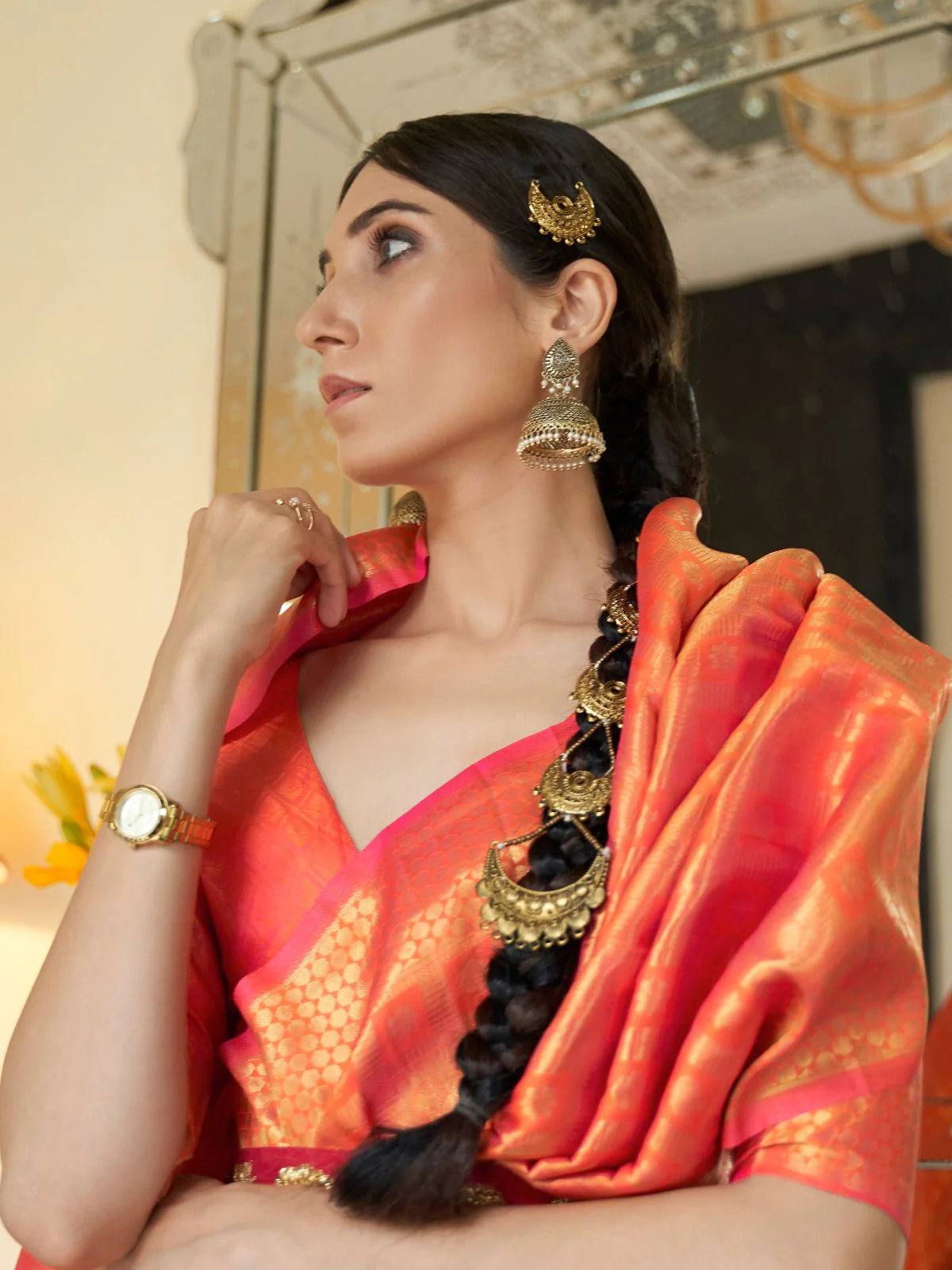 Odette Orange Woven Design Silk Blend Saree With Unstitched Blouse For Women - Image 3