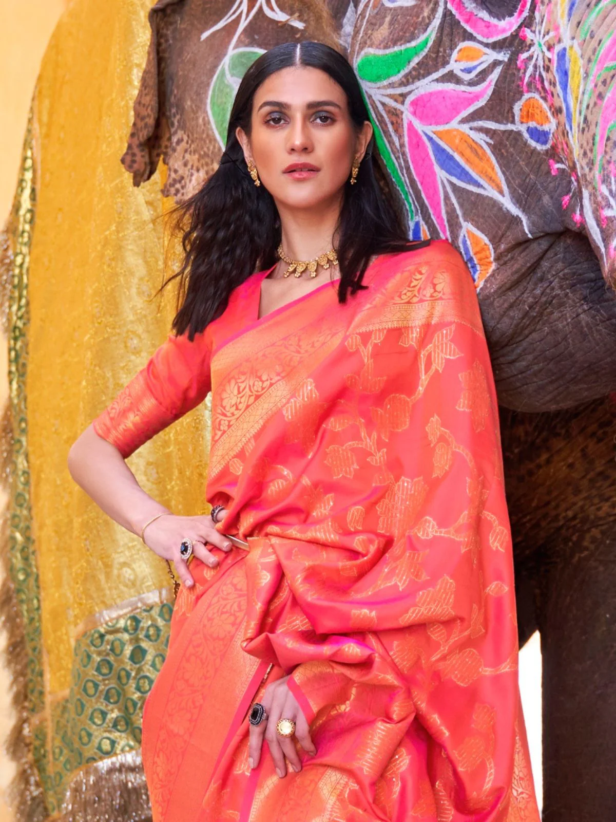 Odette Orange Woven Design Silk Blend Saree With Unstitched Blouse For Women - Image 2
