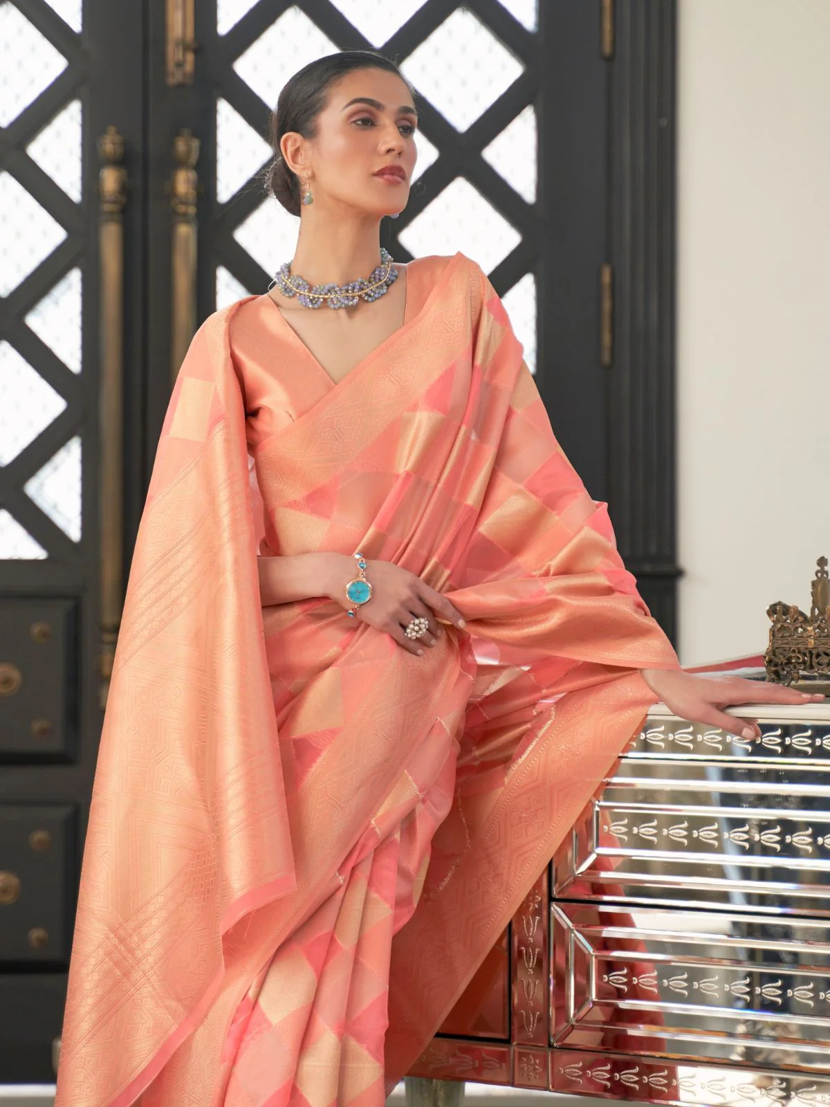 Odette Orange Woven Design Silk Blend Saree With Unstitched Blouse For Women - Image 2