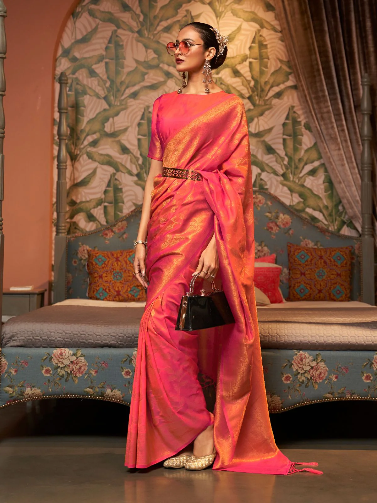Odette Orange Woven Design Silk Blend Saree With Unstitched Blouse For Women