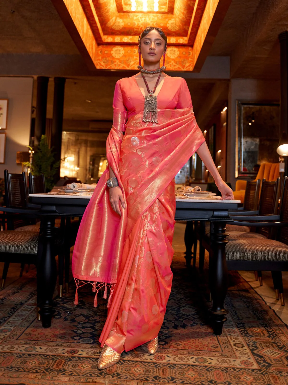 Odette Orange Woven Design Silk Blend Saree With Unstitched Blouse For Women - Image 2