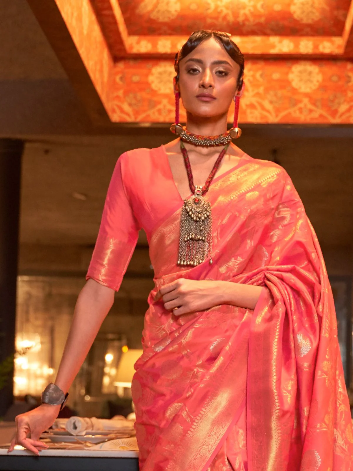 Odette Orange Woven Design Silk Blend Saree With Unstitched Blouse For Women - Image 3