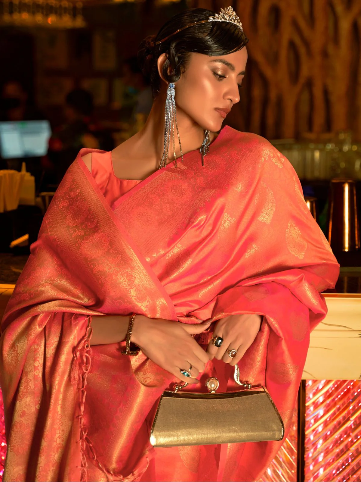 Odette Orange Woven Design Silk Blend Saree With Unstitched Blouse For Women - Image 2