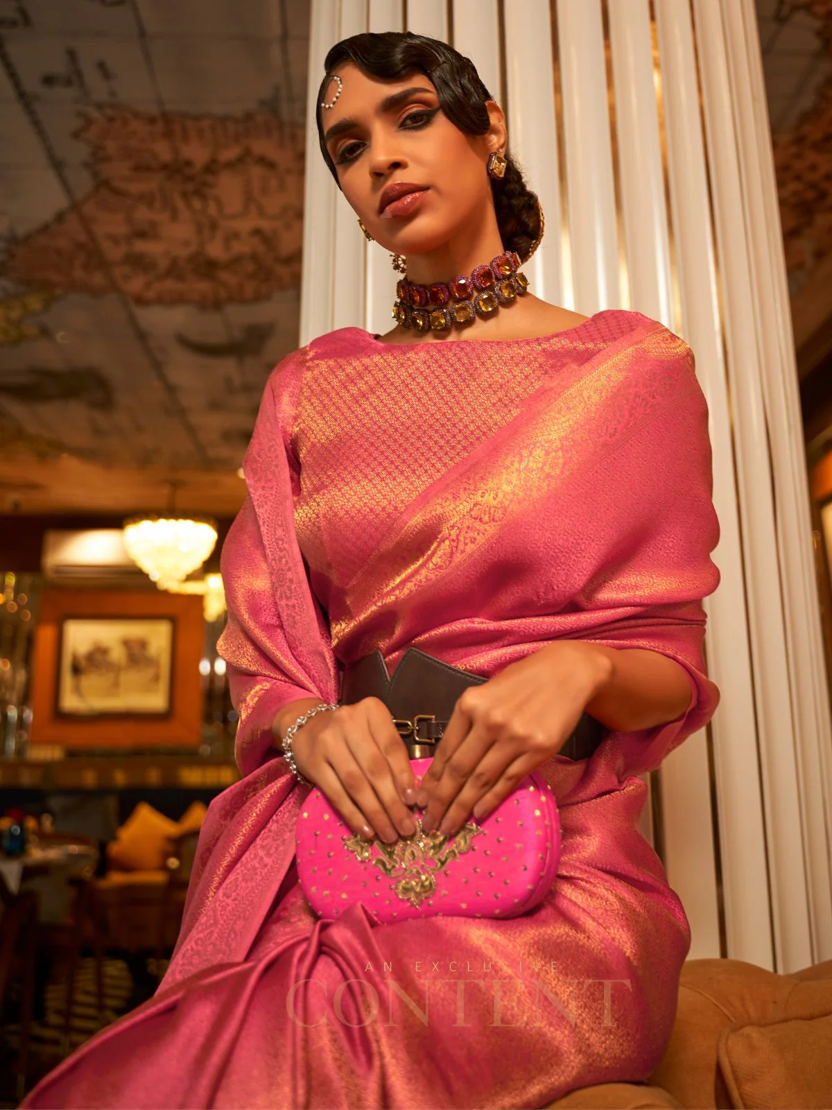 Odette Pink Woven Design Silk Blend Saree With Unstitched Blouse For Women - Image 2