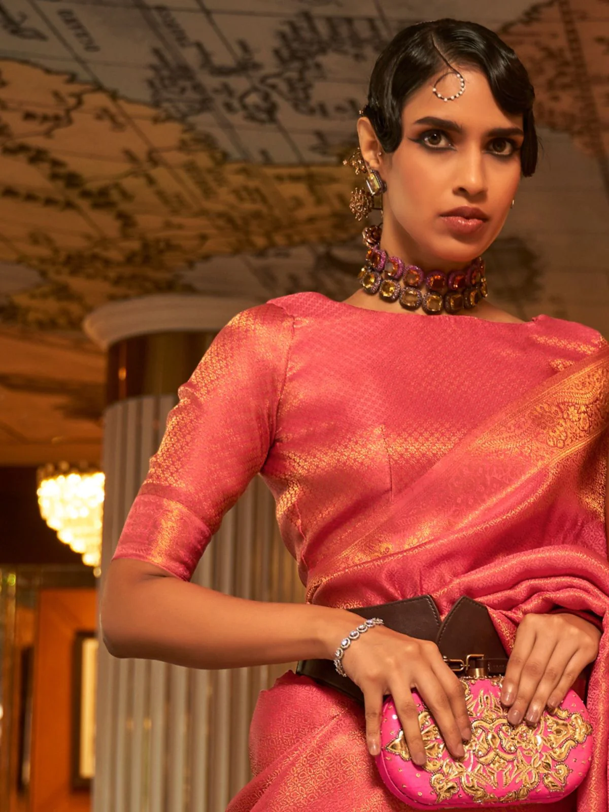 Odette Pink Woven Design Silk Blend Saree With Unstitched Blouse For Women - Image 3