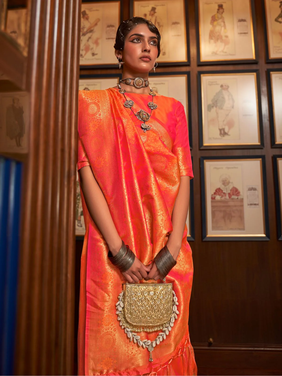 Odette Orange Woven Design Silk Blend Saree With Unstitched Blouse For Women - Image 2