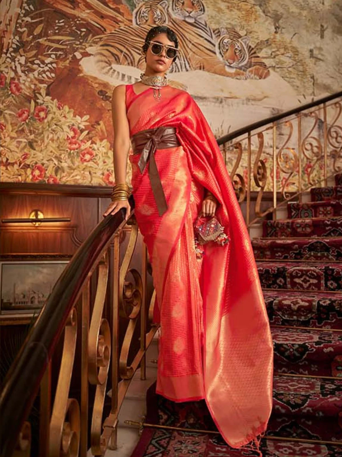 Odette Orange Woven Design Silk Blend Saree With Unstitched Blouse For Women