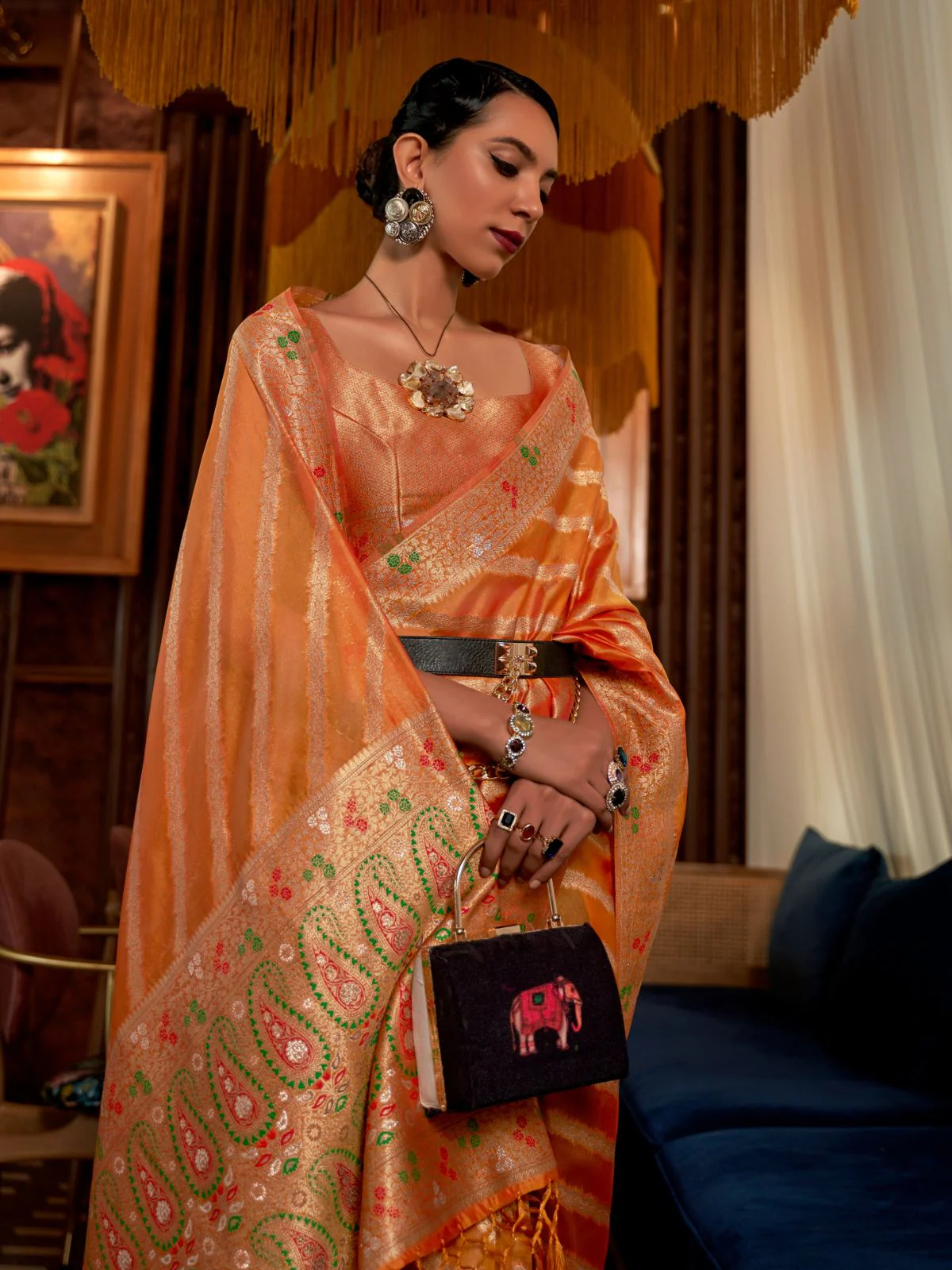 Odette Orange Woven Design Silk Blend Saree With Unstitched Blouse For Women - Image 2