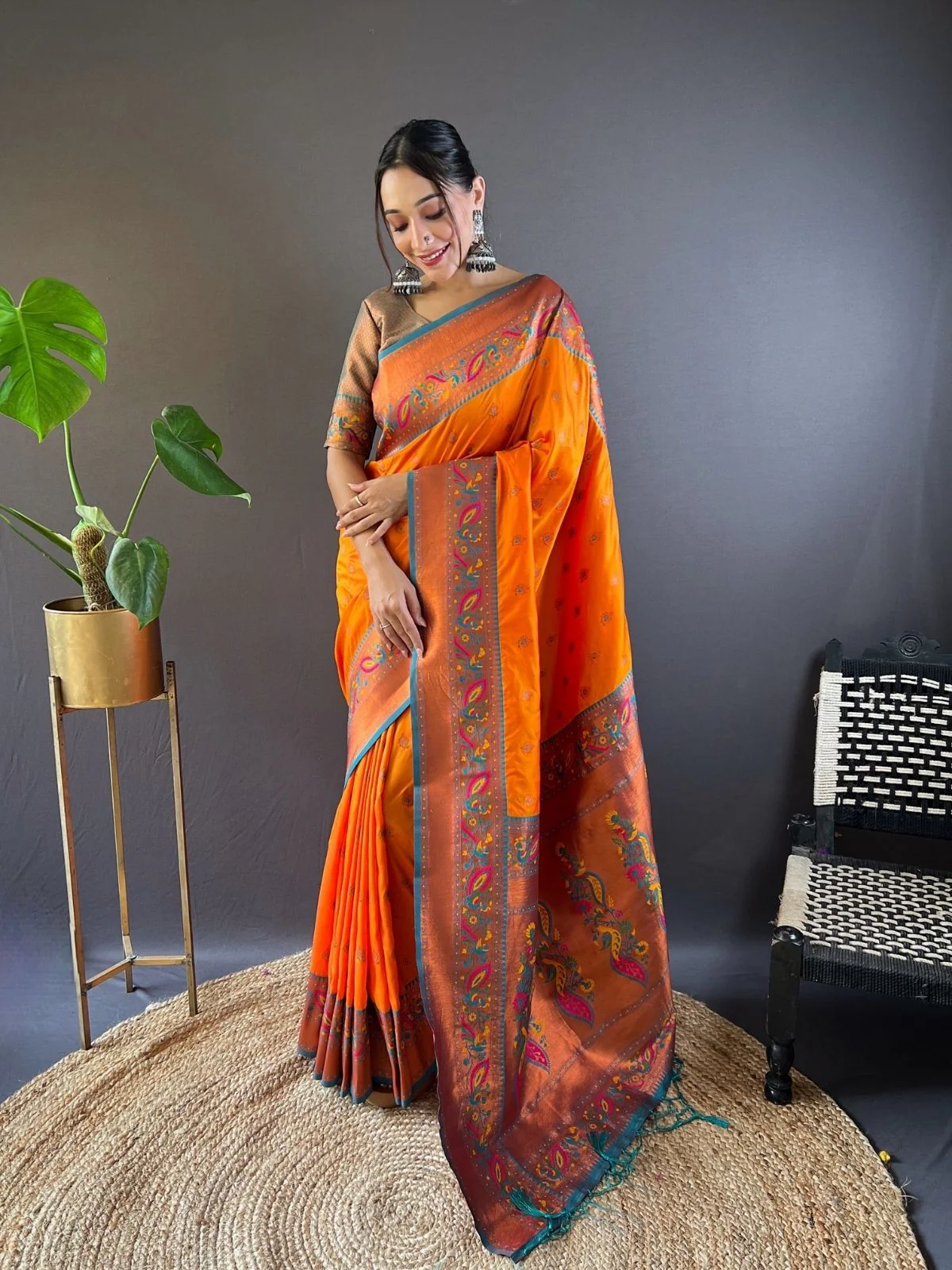 Odette Orange Woven Design Silk Blend Saree With Unstitched Blouse For Women