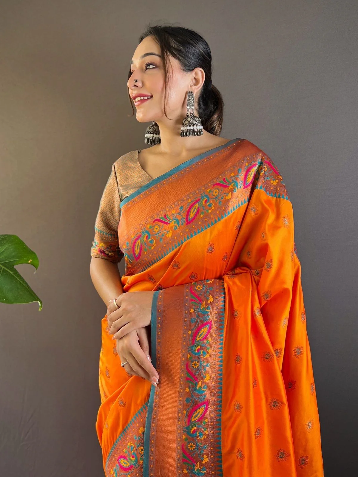 Odette Orange Woven Design Silk Blend Saree With Unstitched Blouse For Women - Image 3