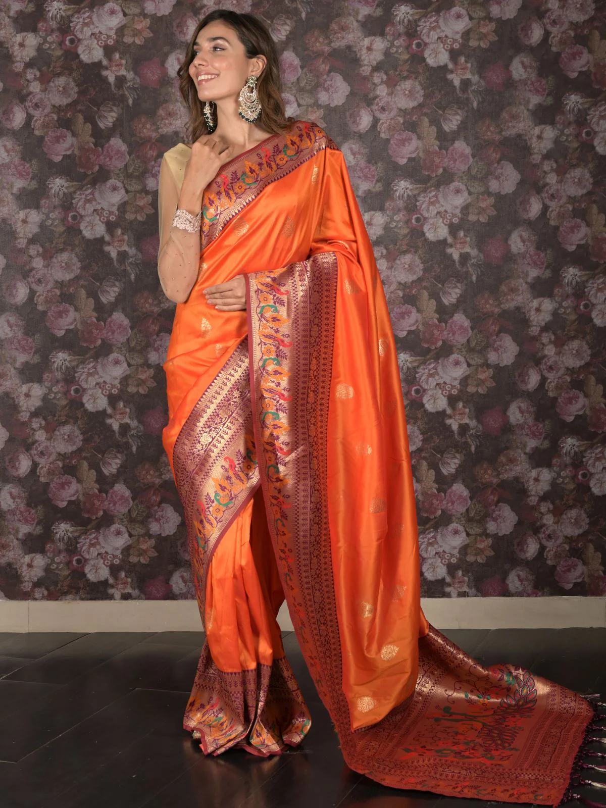 Odette Orange Woven Satin Saree With Unstitched Blouse For Women - Image 2