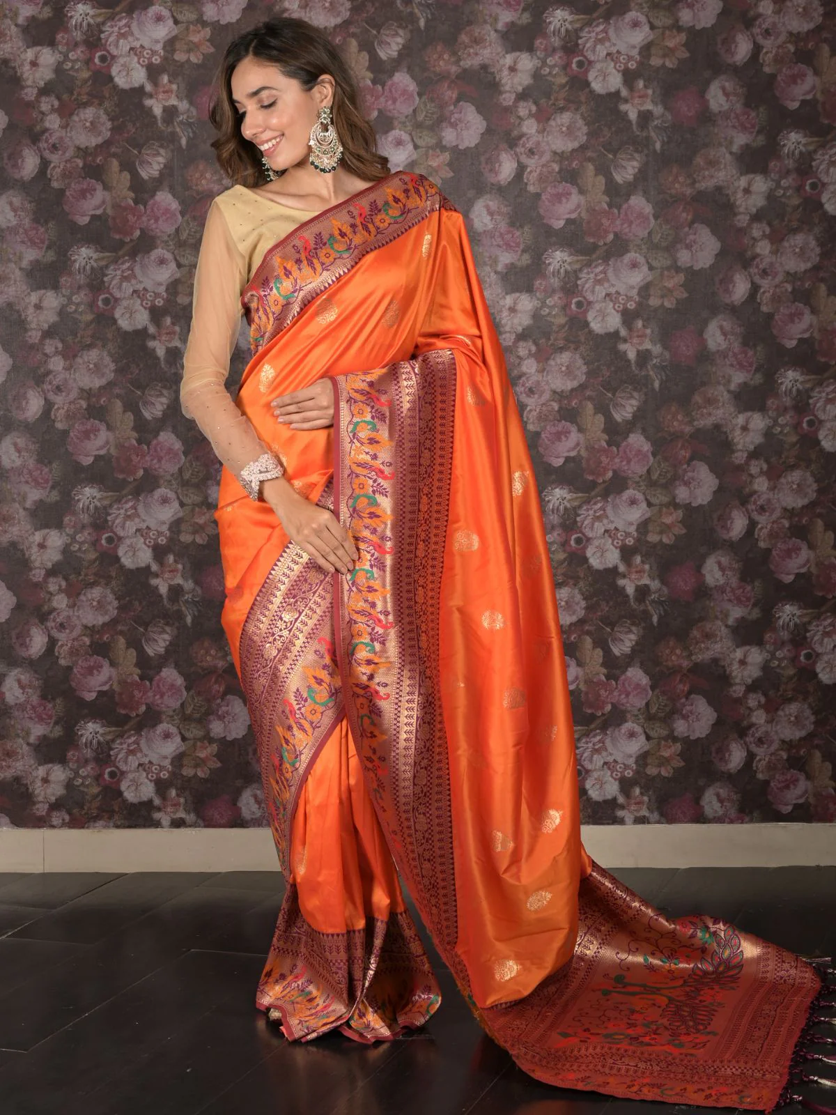 Odette Orange Woven Satin Saree With Unstitched Blouse For Women - Image 3