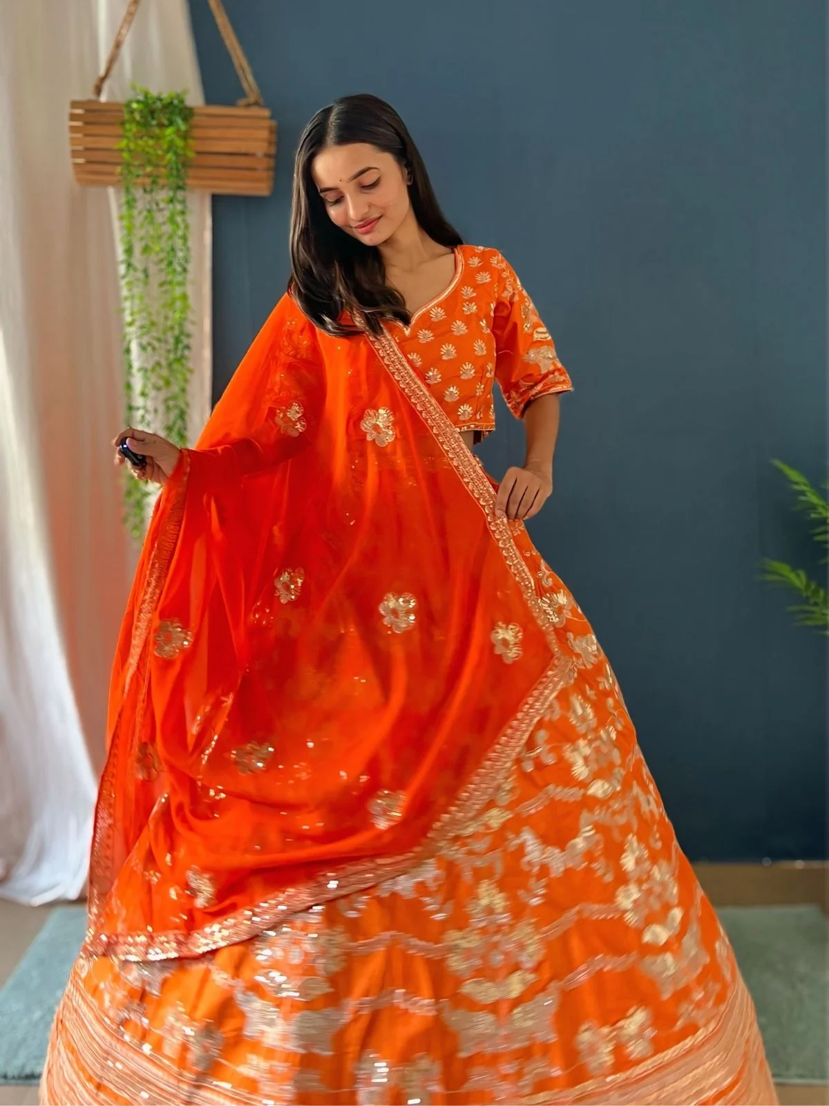 Odette Orangge Silk Blend Embellished Semi Stitched Lehenga For Women - Image 2