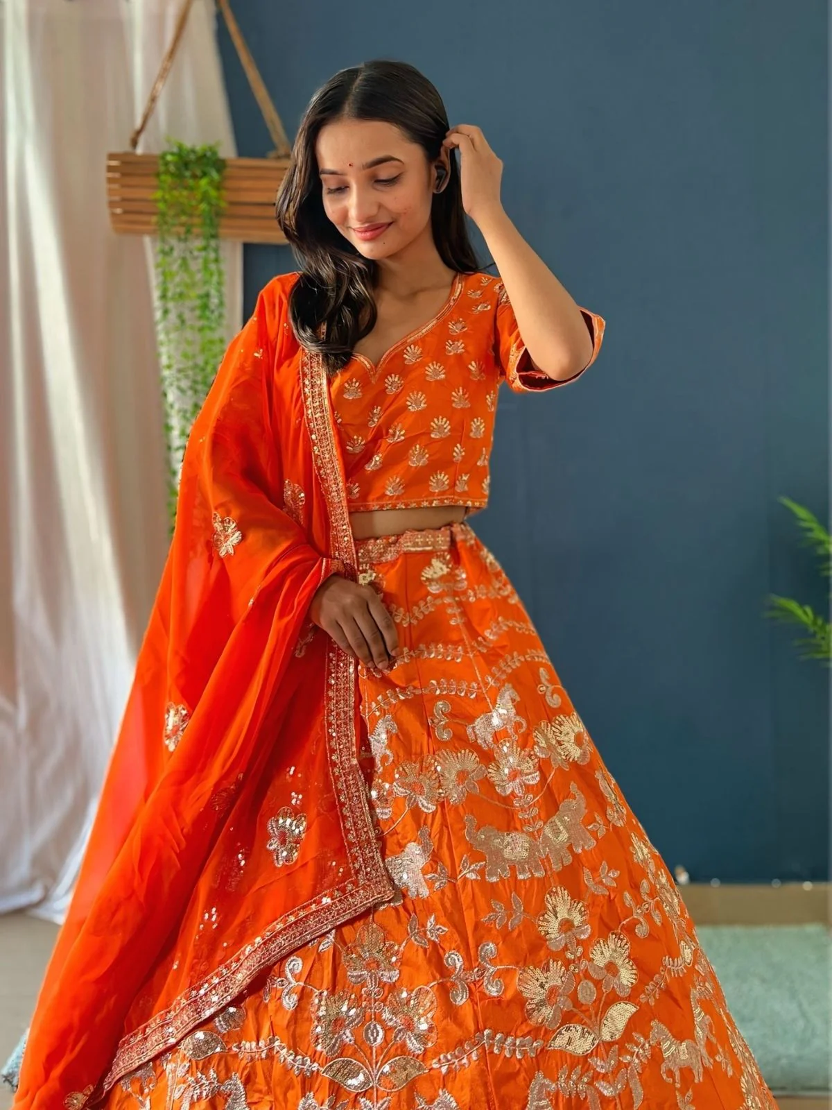 Odette Orangge Silk Blend Embellished Semi Stitched Lehenga For Women - Image 3