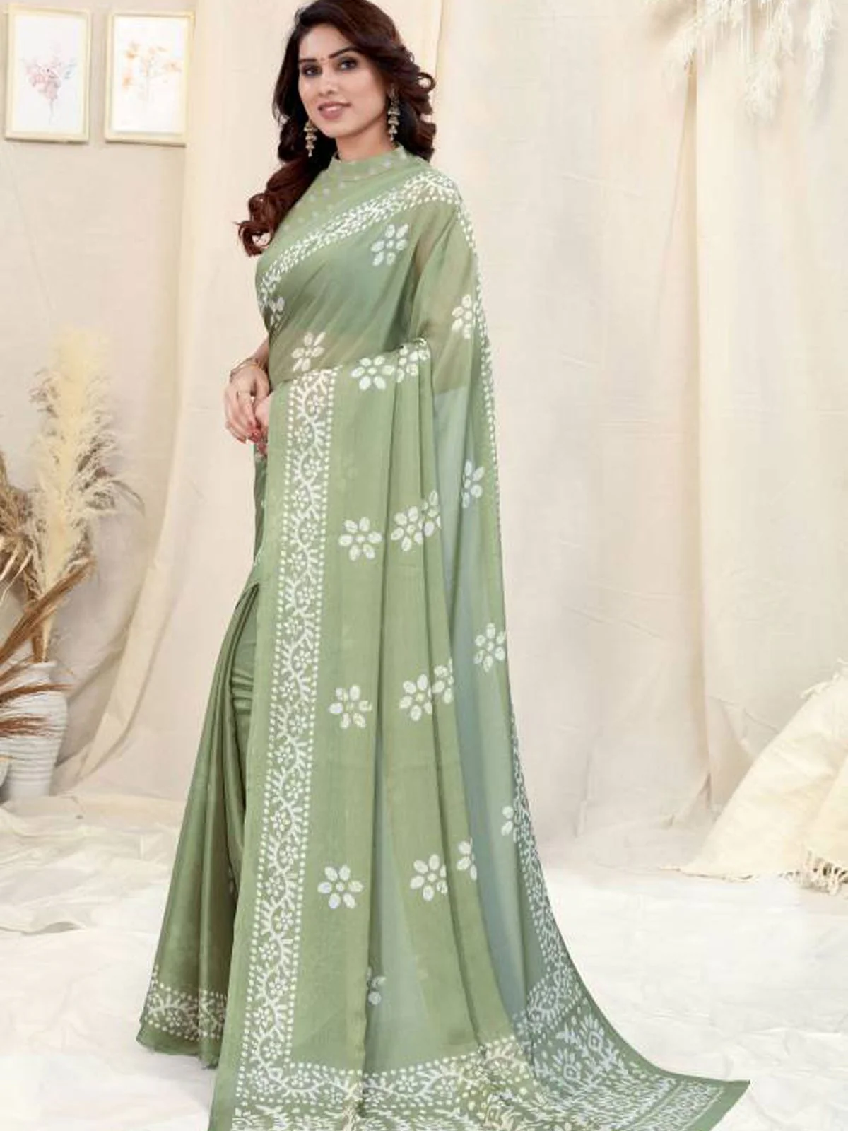 Odette Partywear Light Green Printed Chinon Chiffon Saree with Unstitched Blouse for Women - Image 2