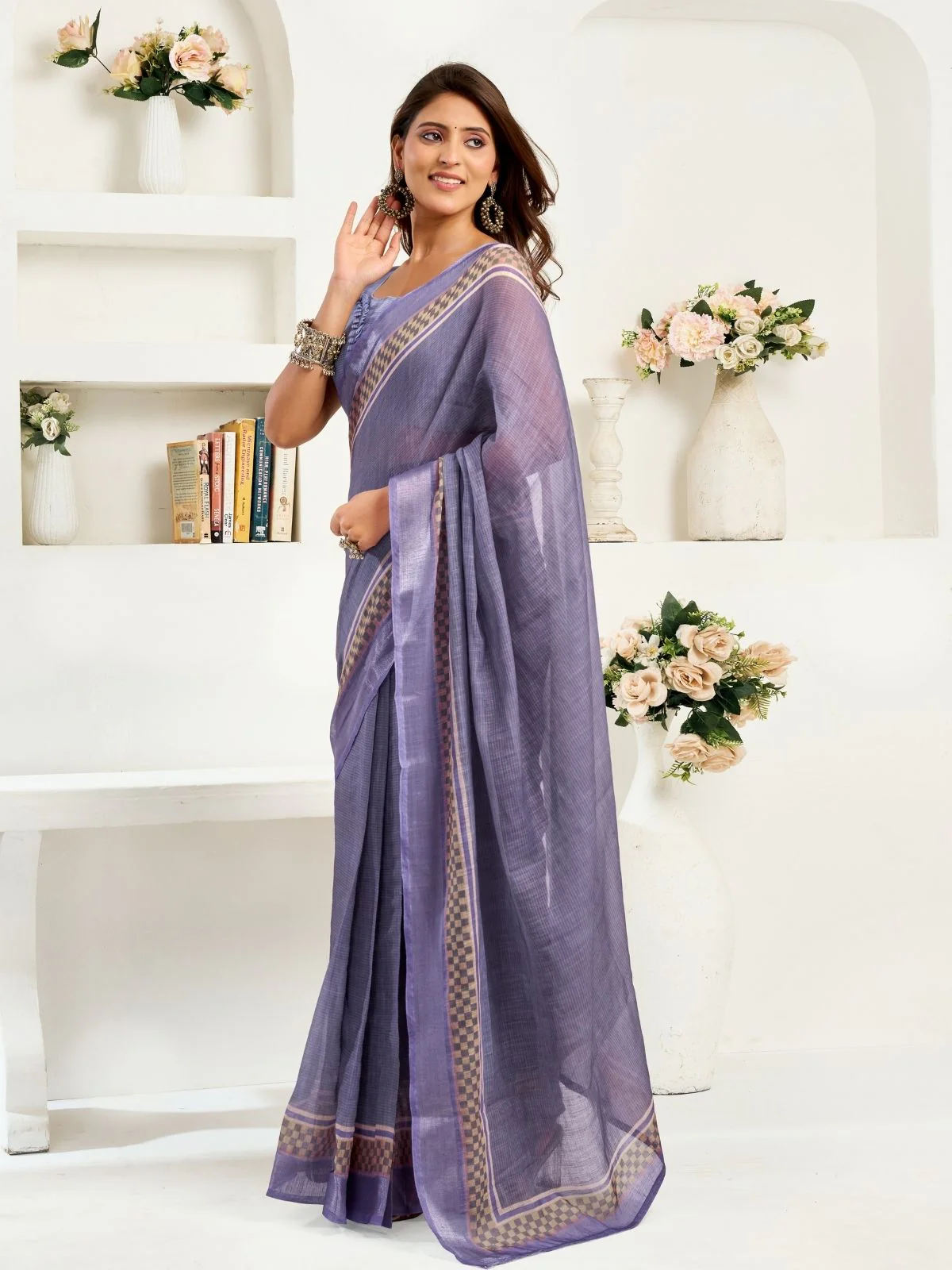 Odette Pastel Blue Cotton Linen Zari Work Saree For Women - Image 3