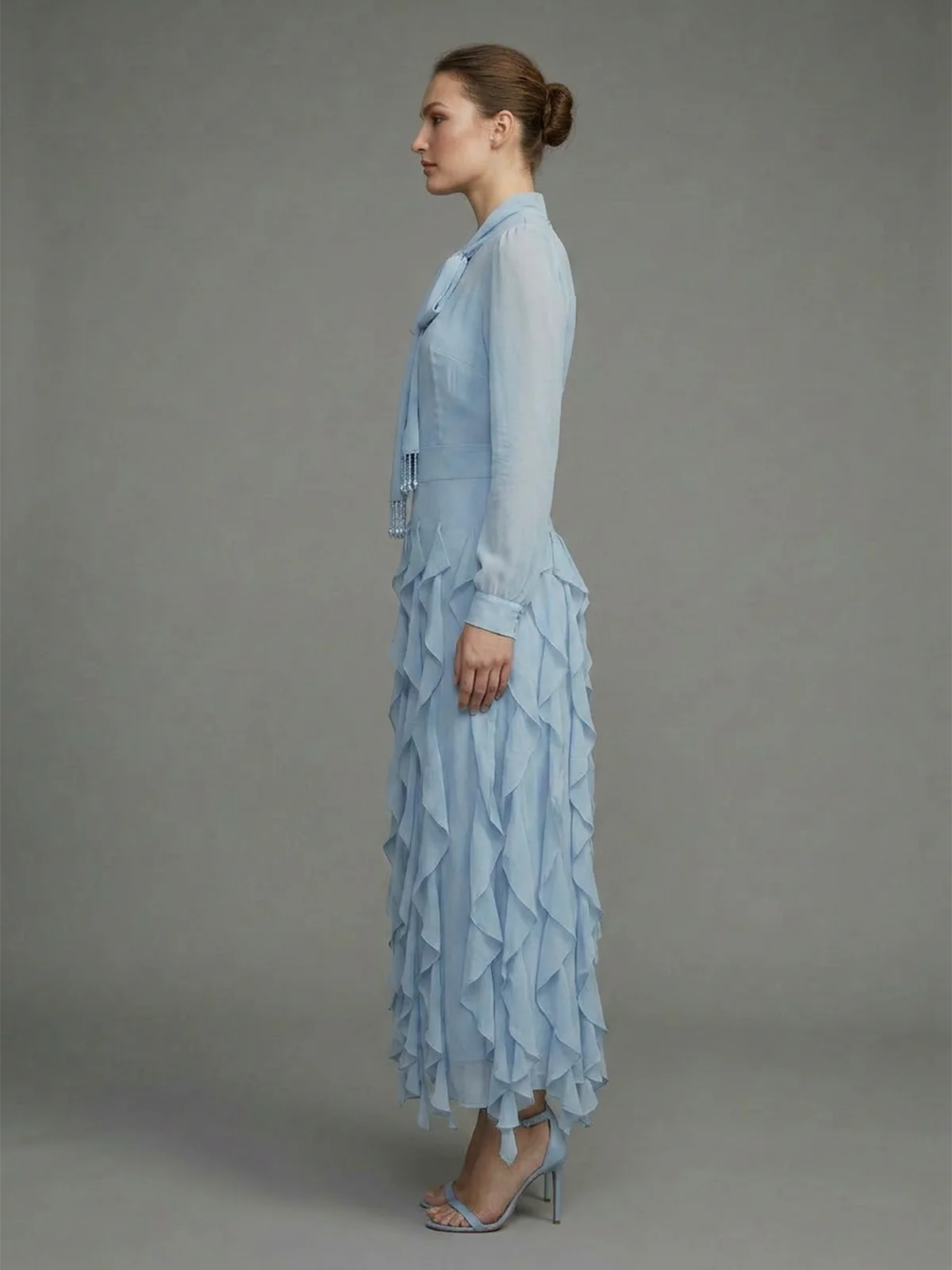 Odette Pastel Blue Georgette Plain Dresses For Women - Image 2