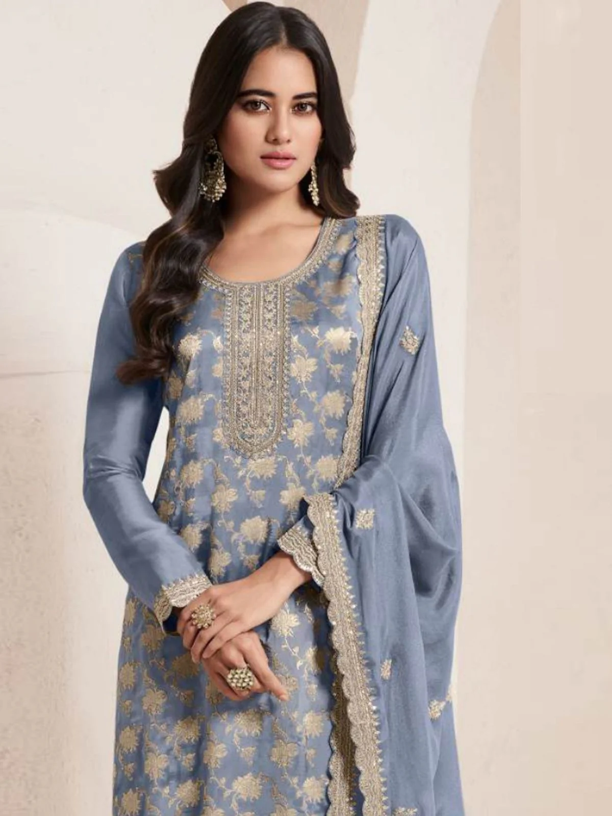 Odette Pastel Blue Jacquard Embroidered Semi Stitched Kurta Set For Women - Image 2