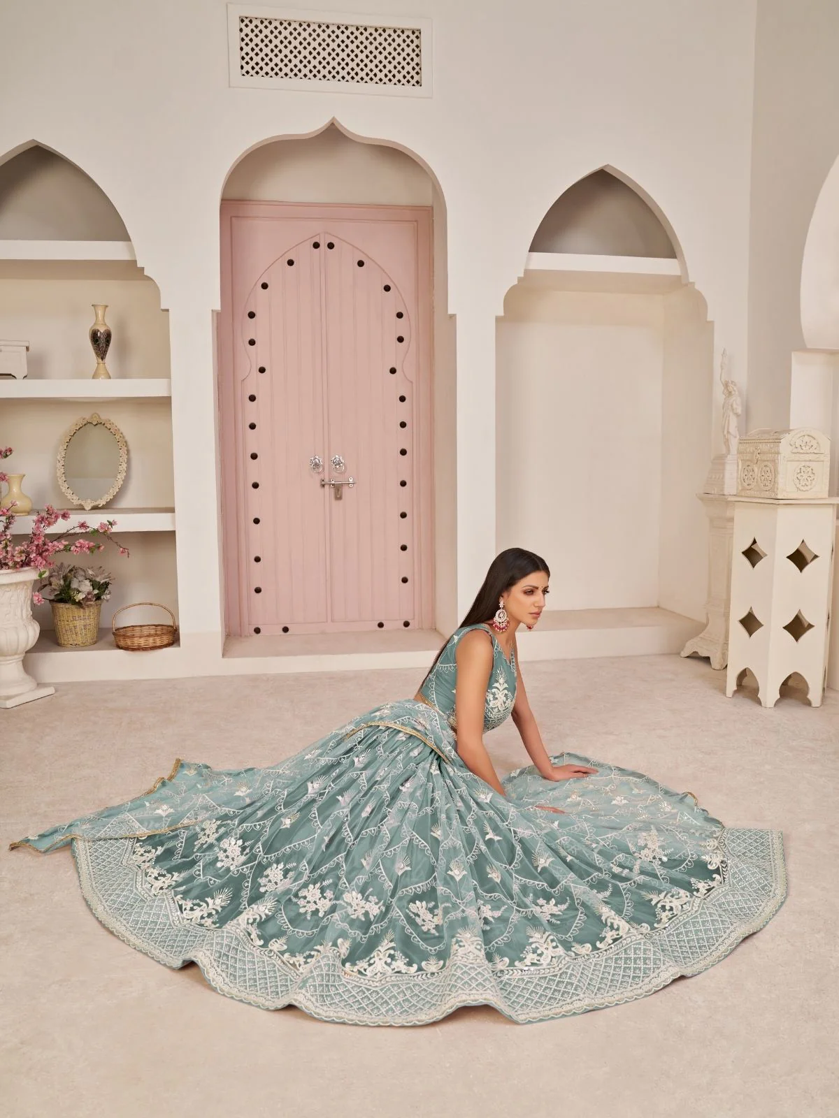 Odette Pastel Blue Net Embroidered Semi Stitched Lehenga For Women - Image 4