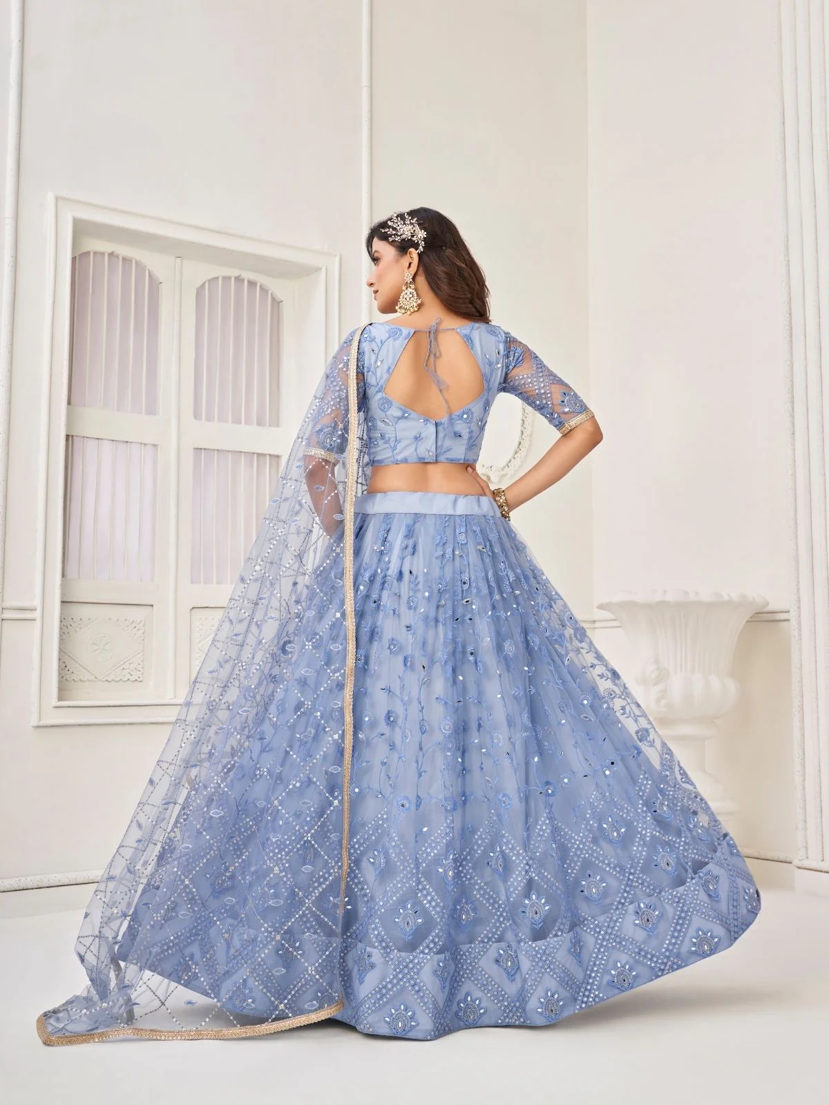 Odette Pastel Blue Net Embroidered Semi Stitched Lehenga For Women - Image 3