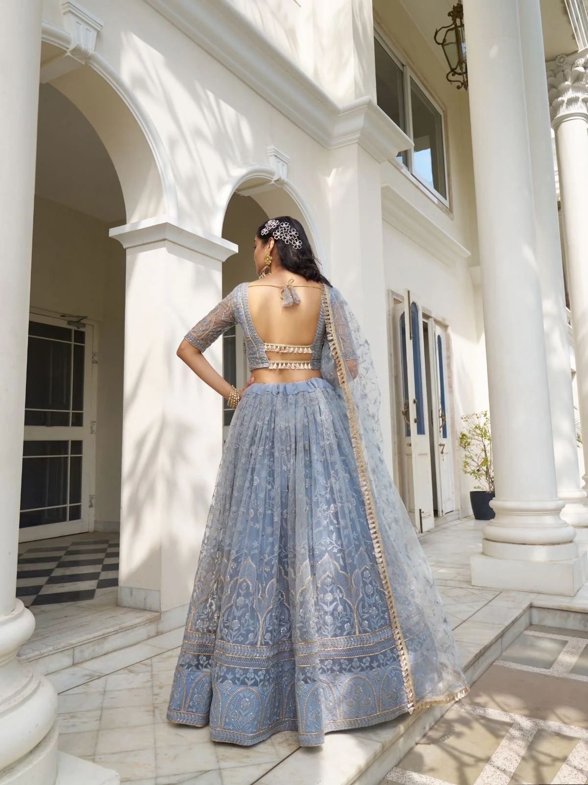 Odette Pastel Blue Net Embroidered Semi Stitched Lehenga For Women - Image 3