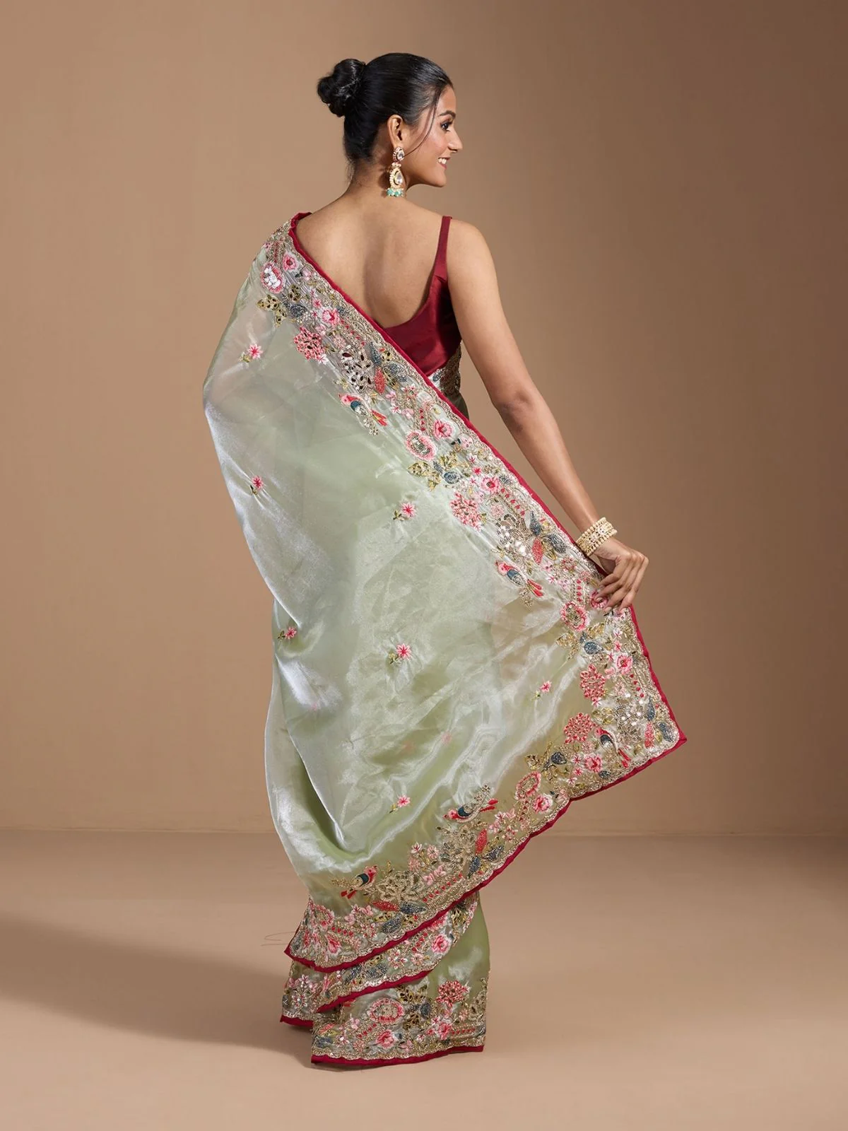 Odette Pastel Green Organza Embroidered Solid Saree For Women - Image 2